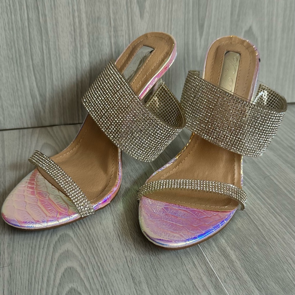 Fashion Nova Silver and Pink Heels with Glittery Strap